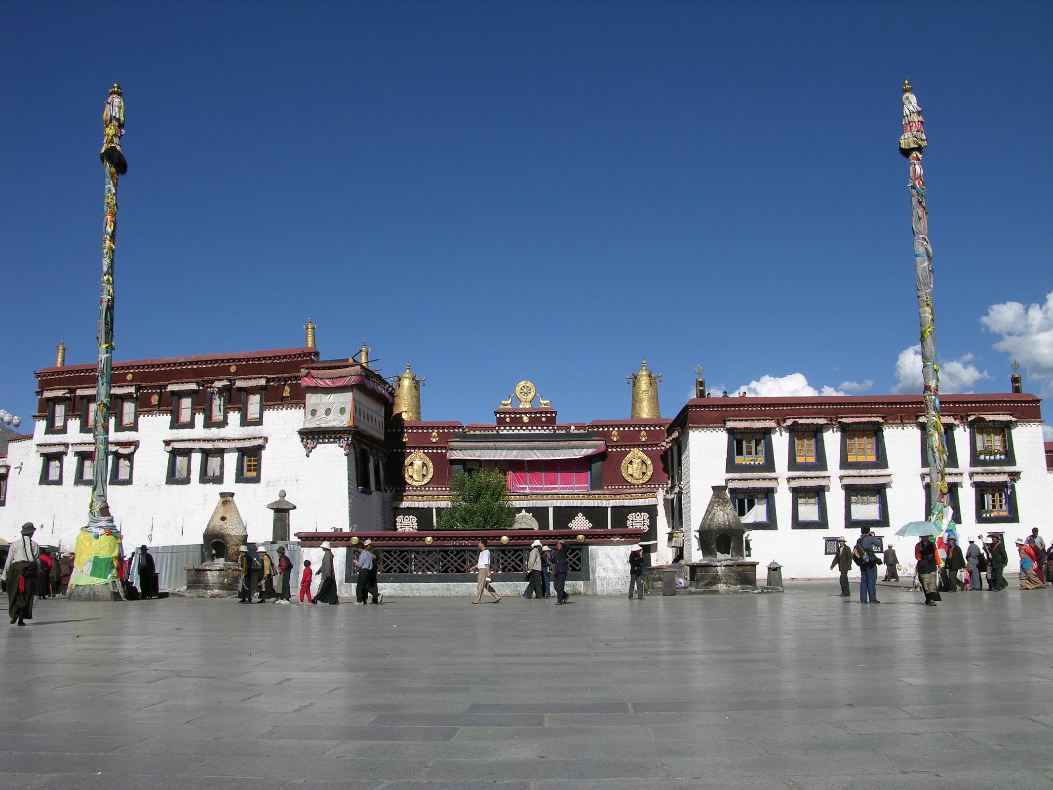 Tibet Lhasa 02 04 Jokhang Outside Full View The Jokhang Temple is the spiritual centre of Tibet and destination of millions of Tibetan pilgrims. The Jokhang (or Jowokhang meaning 'chapel of the Jowo') Temple was founded sometime between 639 and 647 by King Songtsen Gampo. Pilgrims pass the front of the Jokhang Temple as they continue their Barkhor kora.